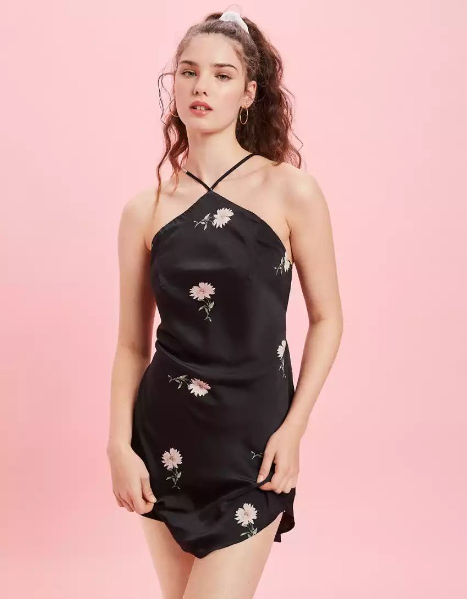 Mini Robe American Eagle AE Floral Silky Halter Noir Femme | UTM-91343578